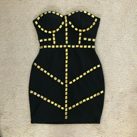 Gold Studded Geometric Trim Strapless Corset Dress - Picture 2 of 3